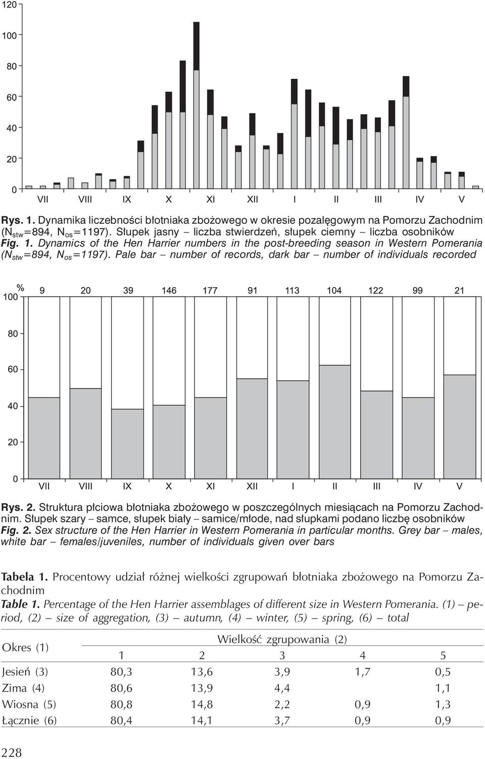 Słupek szary samce, słupek biały samice/młode, nad słupkami podano liczbę osobników Fig. 2. Sex structure of the Hen Harrier in Western Pomerania in particular months.