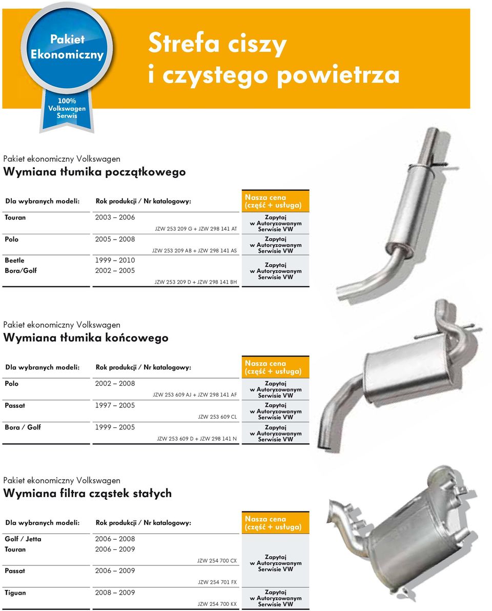 Wymiana tłumika końcowego Dla wybranych modeli: Rok produkcji / Nr katalogowy: Polo 2002 2008 JZW 253 609 AJ + JZW 298 141 AF Passat 1997 2005 JZW 253 609 CL Bora / Golf 1999 2005 JZW 253 609 D + JZW