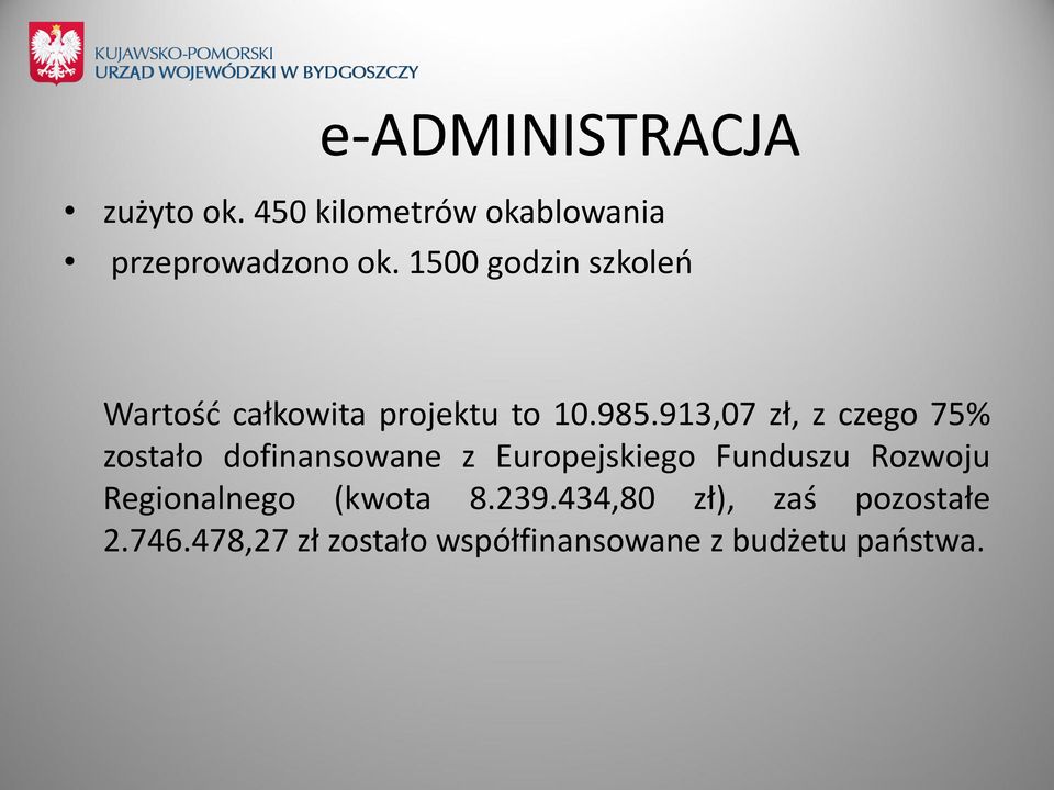 913,07 zł, z czego 75% zostało dofinansowane z Europejskiego Funduszu Rozwoju