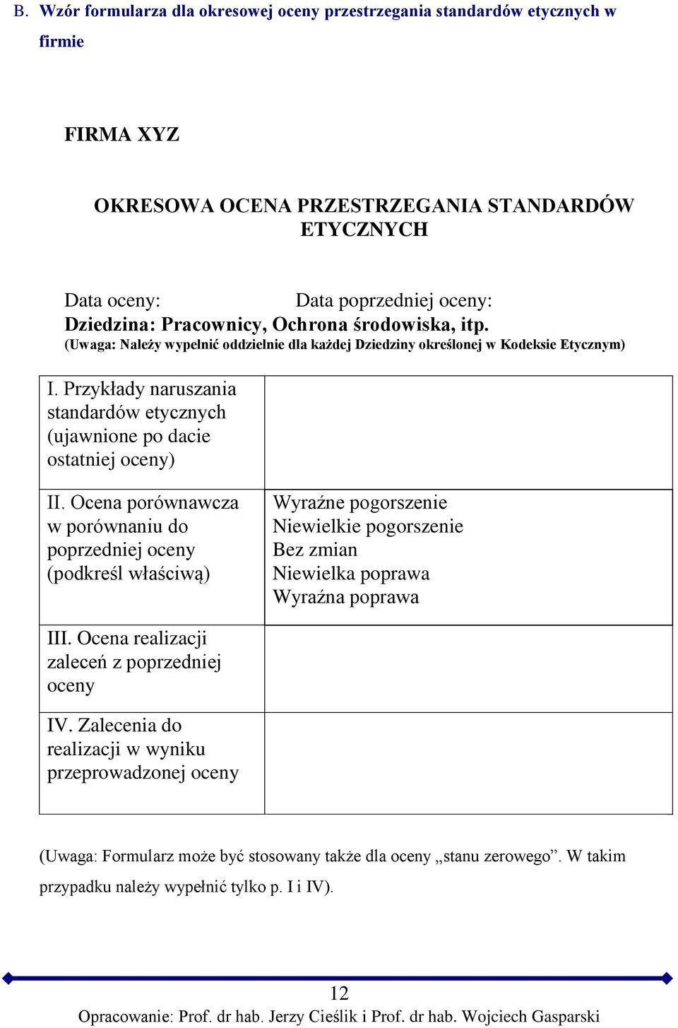 Przykłady naruszania standardów etycznych (ujawnione po dacie ostatniej oceny) II.