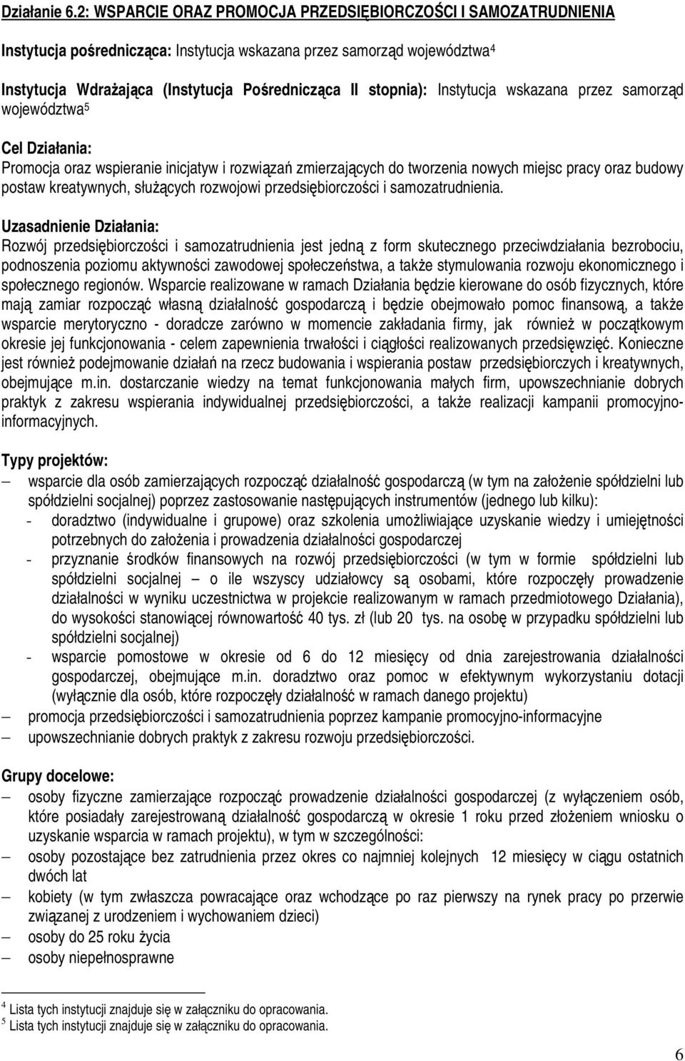 Instytucja wskazana przez samorząd województwa 5 Cel Działania: Promocja oraz wspieranie inicjatyw i rozwiązań zmierzających do tworzenia nowych miejsc pracy oraz budowy postaw kreatywnych, służących