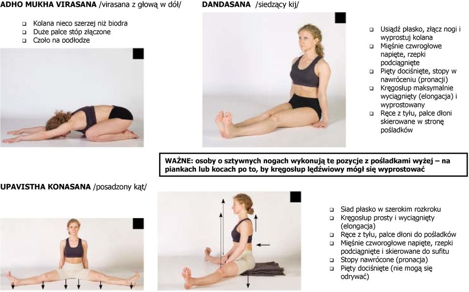 pośladków WAŻNE: osoby o sztywnych nogach wykonują te pozycje z pośladkami wyżej na piankach lub kocach po to, by kręgosłup lędźwiowy mógł się wyprostować UPAVISTHA KONASANA /posadzony kąt/ Siad