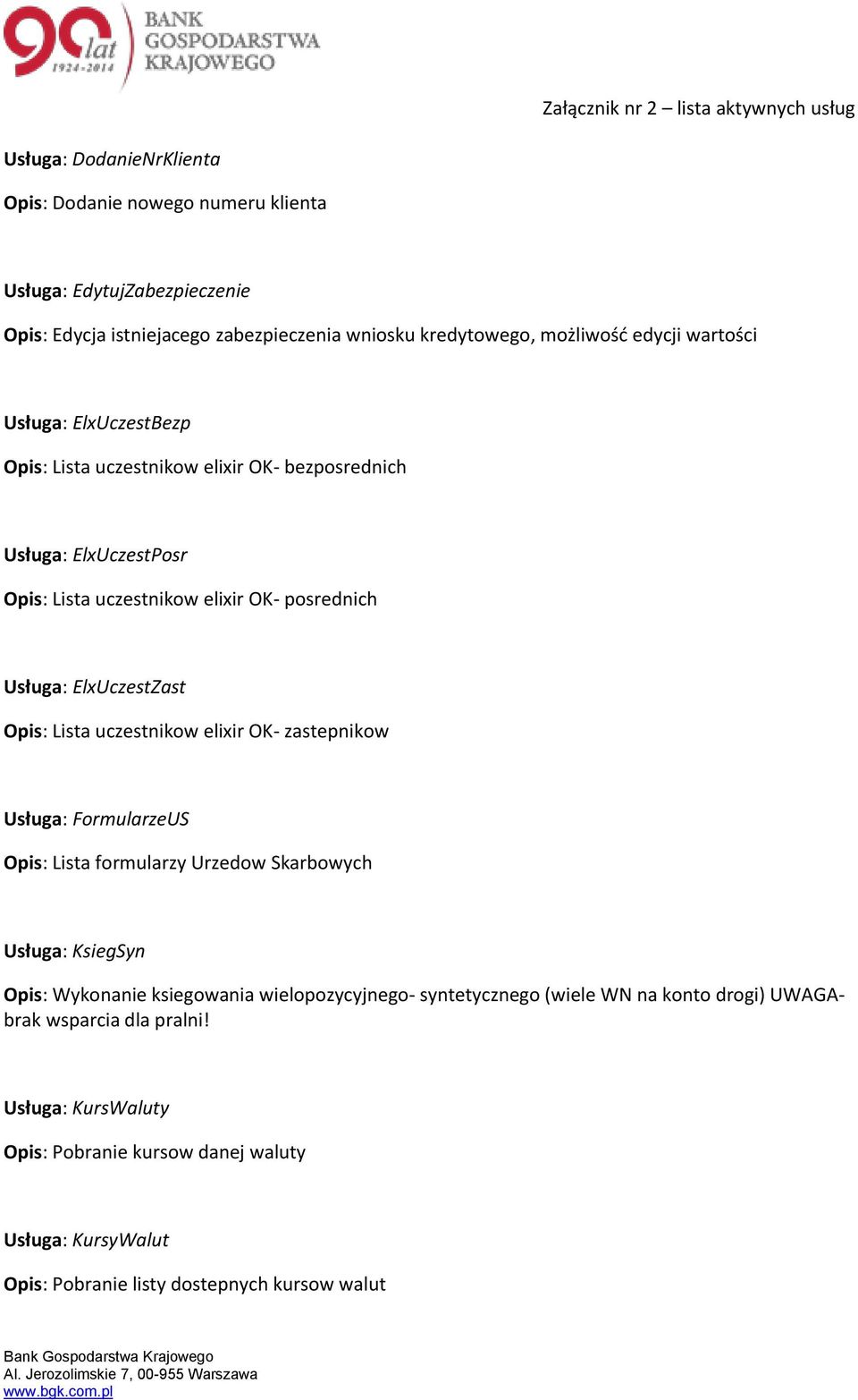 Opis: Lista uczestnikow elixir OK- zastepnikow Usługa: FormularzeUS Opis: Lista formularzy Urzedow Skarbowych Usługa: KsiegSyn Opis: Wykonanie ksiegowania wielopozycyjnego-