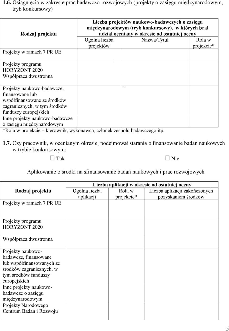 dwustronna Projekty naukowo-badawcze, ` finansowane lub współfinansowane ze środków zagranicznych, w tym środków funduszy europejskich Inne projekty naukowo-badawcze o zasięgu międzynarodowym *Rola w