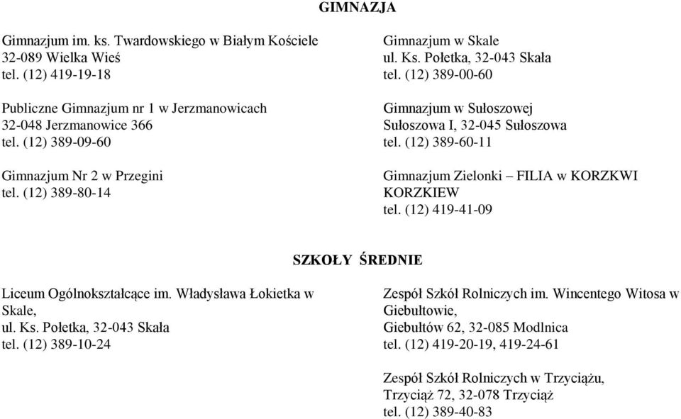 (12) 389-60-11 Gimnazjum Zielonki FILIA w KORZKWI KORZKIEW tel. (12) 419-41-09 SZKOŁY ŚREDNIE Liceum Ogólnokształcące im. Władysława Łokietka w Skale, ul. Ks. Połetka, 32-043 Skała tel.