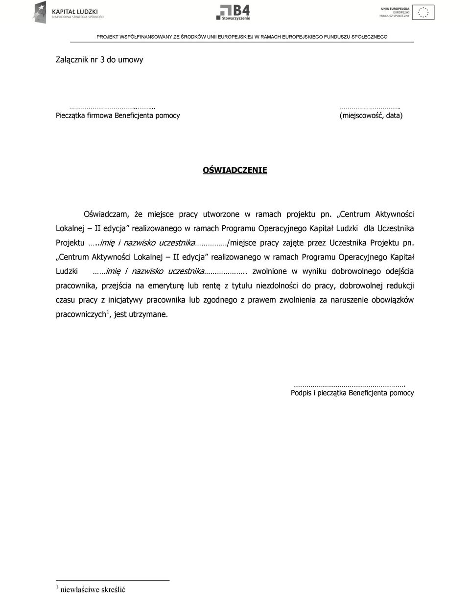 Centrum Aktywności Lokalnej II edycja realizowanego w ramach Programu Operacyjnego Kapitał Ludzki imię i nazwisko uczestnika.