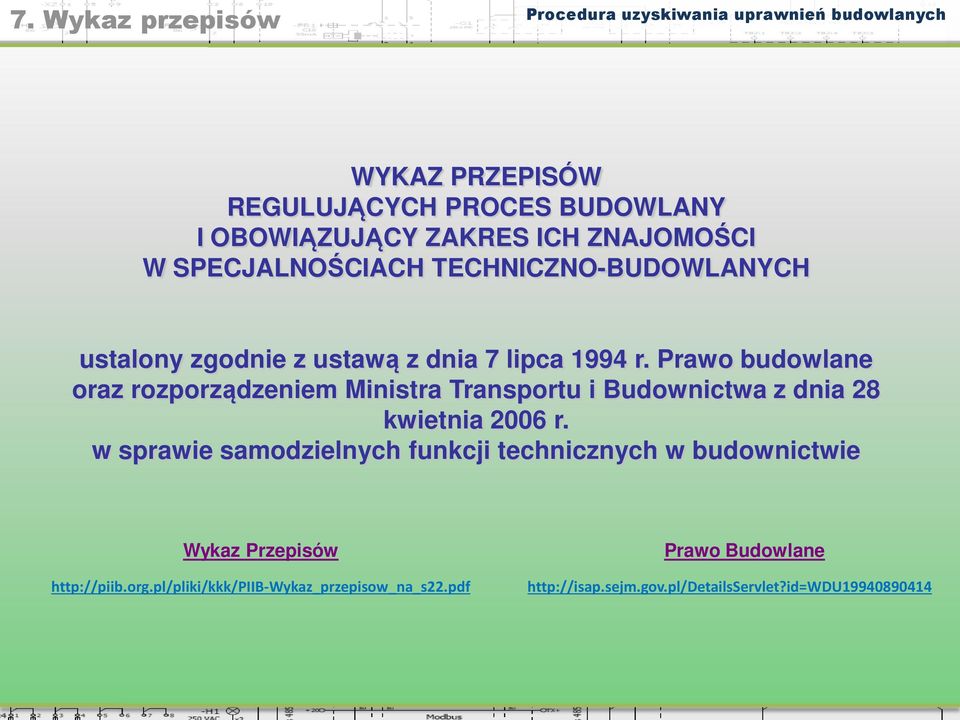 Prawo budowlane oraz rozporządzeniem Ministra Transportu i Budownictwa z dnia 28 kwietnia 2006 r.