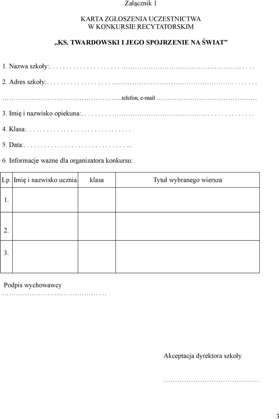 Data:................................. 6. Informacje ważne dla organizatora konkursu: Lp.