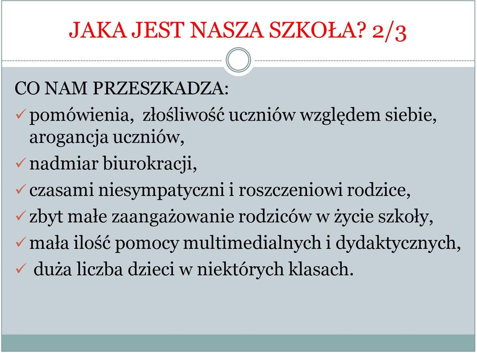 arogancja uczniów, nadmiar biurokracji, czasami niesympatyczni i roszczeniowi