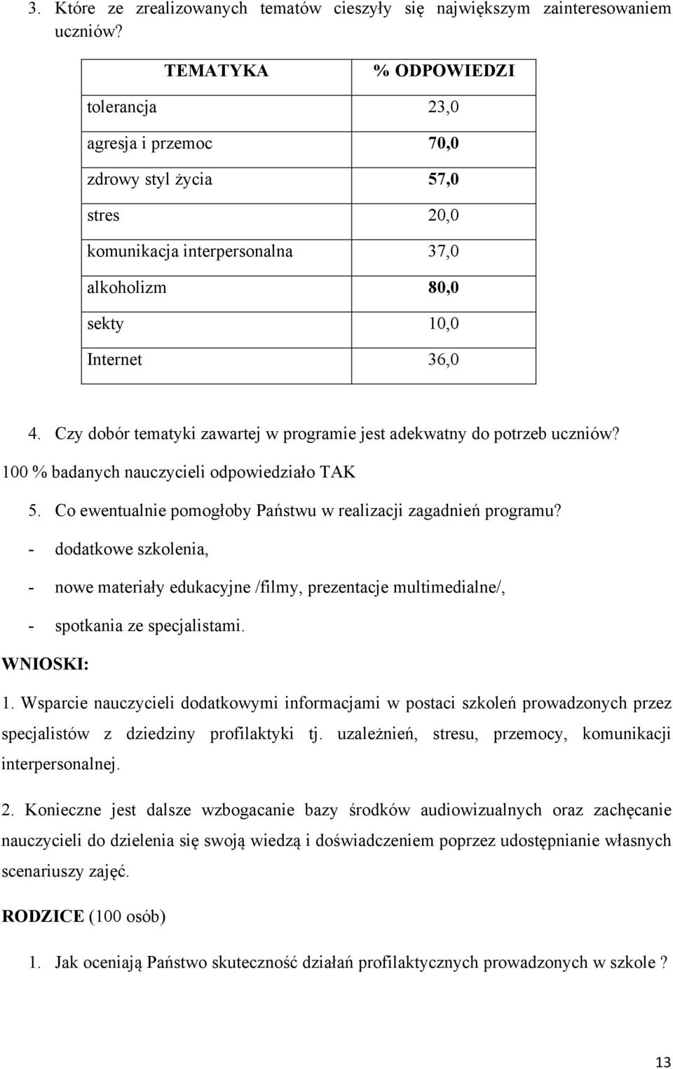 Czy dobór tematyki zawartej w programie jest adekwatny do uczniów? 100 % badanych nauczycieli odpowiedziało TAK 5. Co ewentualnie pomogłoby Państwu w realizacji zagadnień programu?