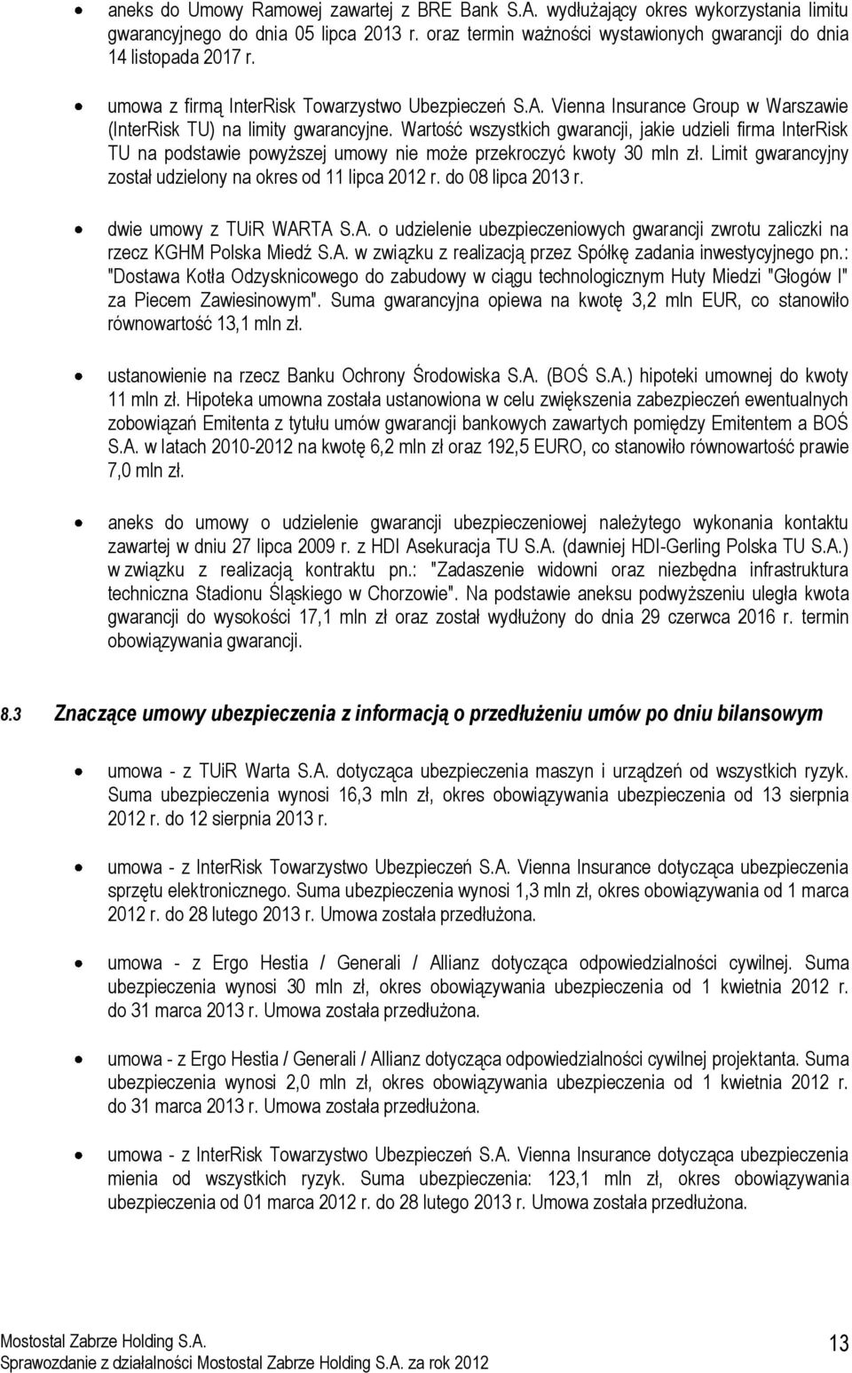 Wartość wszystkich gwarancji, jakie udzieli firma InterRisk TU na podstawie powyższej umowy nie może przekroczyć kwoty 30 mln zł. Limit gwarancyjny został udzielony na okres od 11 lipca 2012 r.