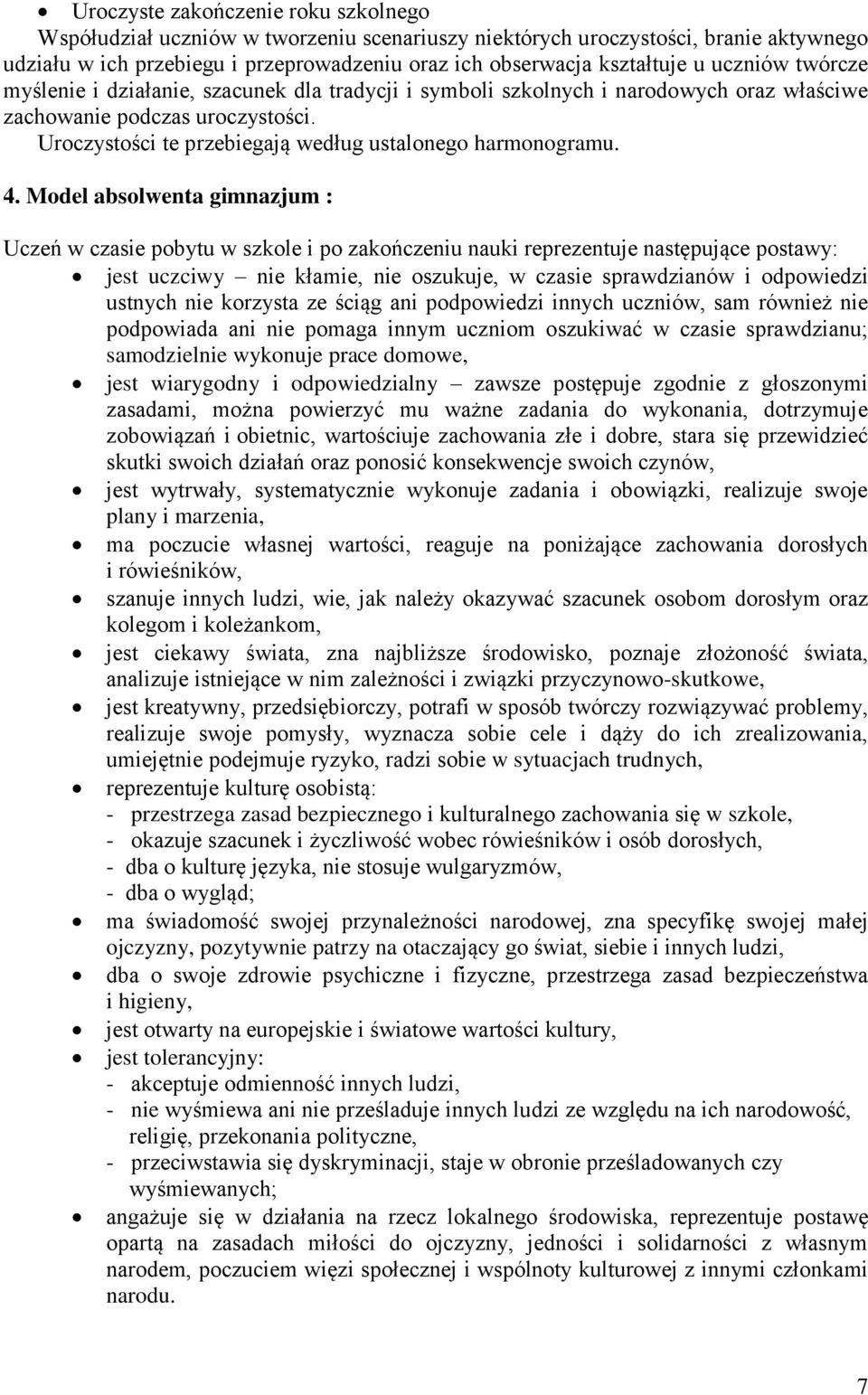 4. Model absolwenta gimnazjum : Uczeń w czasie pobytu w szkole i po zakończeniu nauki reprezentuje następujące postawy: jest uczciwy nie kłamie, nie oszukuje, w czasie sprawdzianów i odpowiedzi