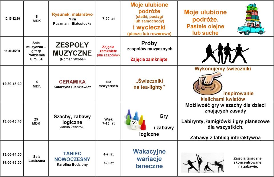 3 ZESPOŁY MUZYCZNE (Roman Wróbel) zamknięte (dla zespołów) Próby zespołów muzycznych zamknięte Wykonujemy świeczniki 12:30-15:30 13:00-15:5 CERAMIKA Katarzyna Sienkiewicz Szachy, zabawy logiczne