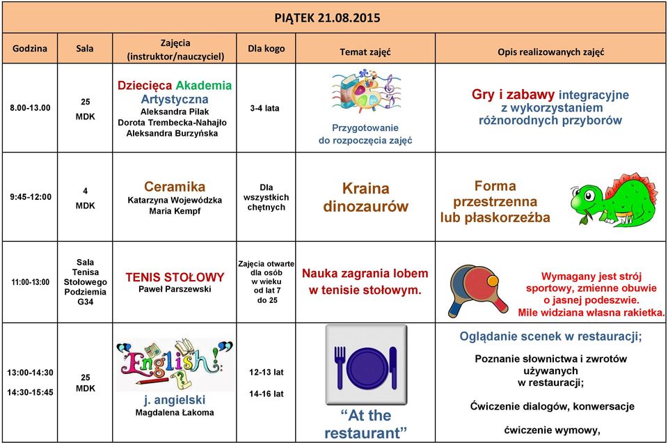 Ceramika Katarzyna Wojewódzka Maria Kempf chętnych Kraina dinozaurów Forma przestrzenna lub płaskorzeźba 11:00-13:00 Tenisa Stołowego G3 TENIS STOŁOWY Paweł Parszewski otwarte dla osób w wieku