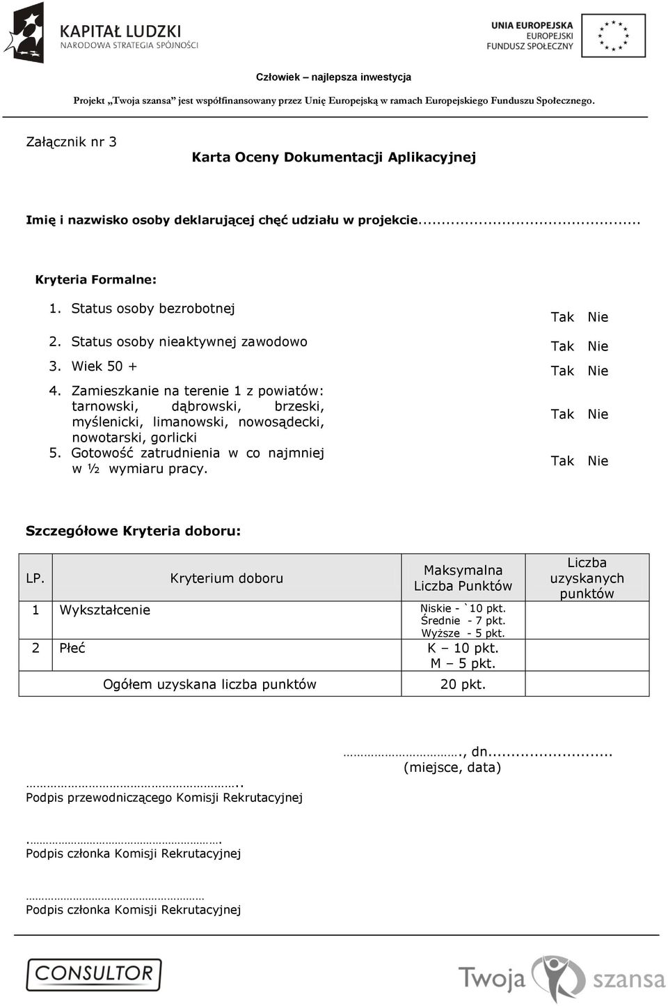 Zamieszkanie na terenie 1 z powiatów: tarnowski, dąbrowski, brzeski, myślenicki, limanowski, nowosądecki, nowotarski, gorlicki 5. Gotowość zatrudnienia w co najmniej w ½ wymiaru pracy.