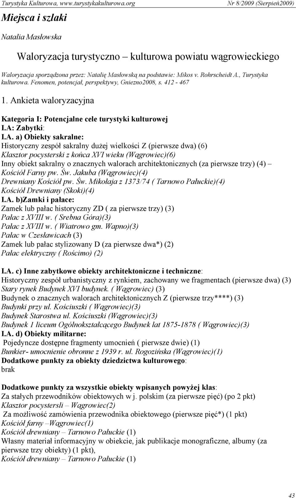 kieta waloryzacyjna Kategoria I: Potencjalne cele turystyki kulturowej I.A: