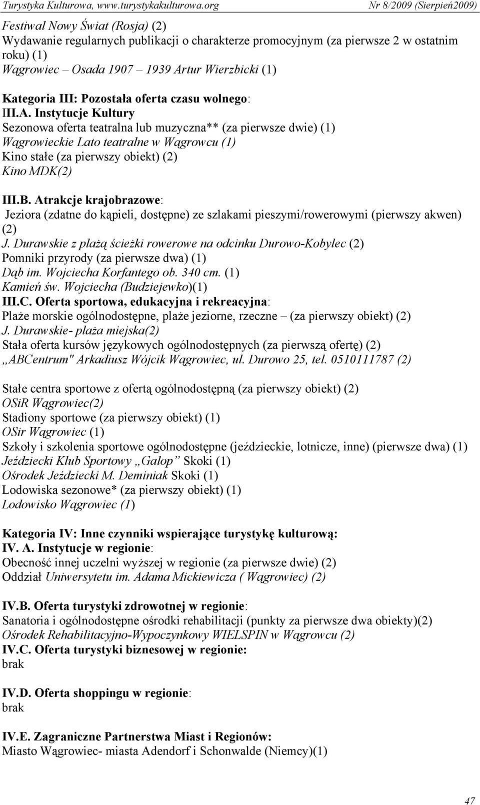 Instytucje Kultury Sezonowa oferta teatralna lub muzyczna** (za pierwsze dwie) (1) Wągrowieckie Lato teatralne w Wągrowcu (1) Kino stałe (za pierwszy obiekt) (2) Kino MDK(2) III.B.