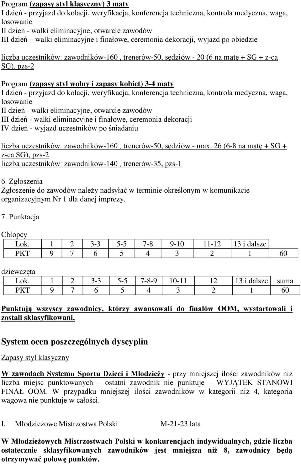 zapasy kobiet) 3-4 maty I dzień - przyjazd do kolacji, weryfikacja, konferencja techniczna, kontrola medyczna, waga, losowanie II dzień - walki eliminacyjne, otwarcie zawodów III dzień - walki