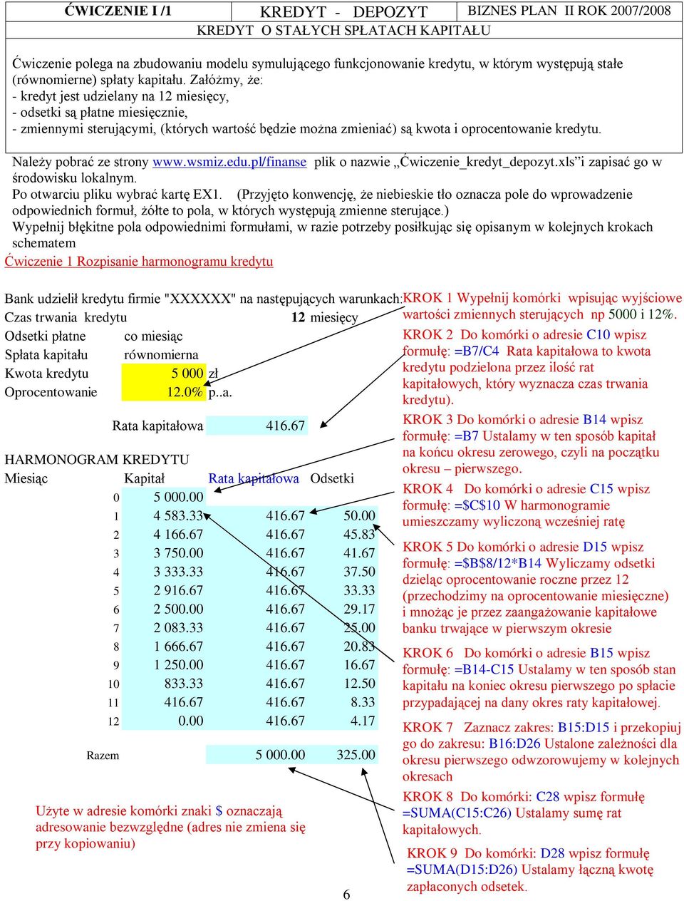 Załóżmy, że: - kredy jes udzielany na 12 miesięcy, - odseki są płane miesięcznie, - zmiennymi serującymi, (kórych warość będzie można zmieniać) są kwoa i oprocenowanie kredyu.