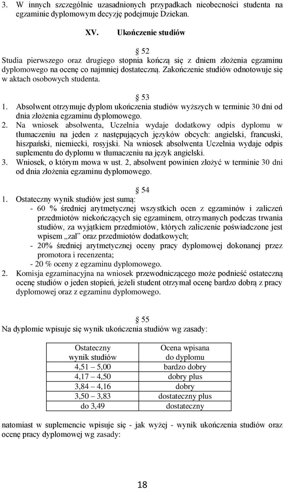 Zakończenie studiów odnotowuje się w aktach osobowych studenta. 53 1. Absolwent otrzymuje dyplom ukończenia studiów wyższych w terminie 30 dni od dnia złożenia egzaminu dyplomowego. 2.