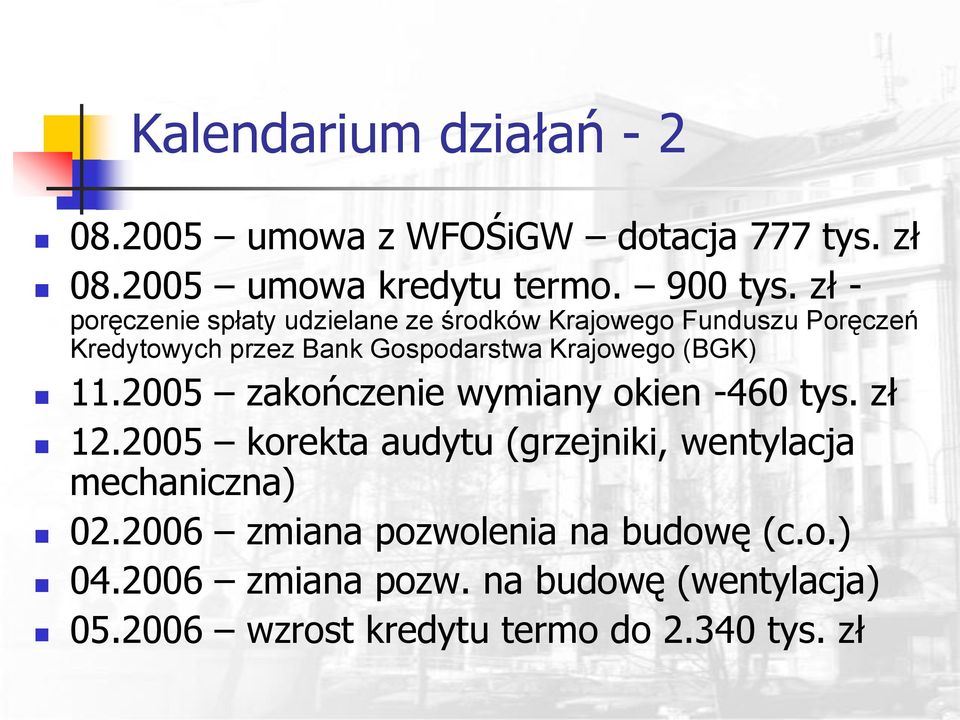 Krajowego (BGK) 11.2005 zakończenie wymiany okien -460 tys. zł 12.