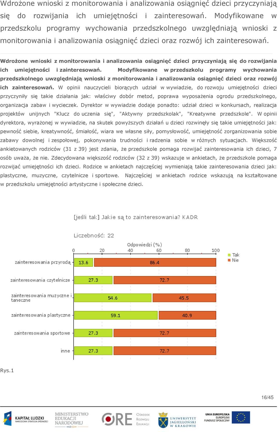 W opinii nauczycieli biorących udział w wywiadzie, do rozwoju umiejętności dzieci przyczyniły się takie działania jak: właściwy dobór metod, poprawa wyposażenia ogrodu przedszkolnego, organizacja