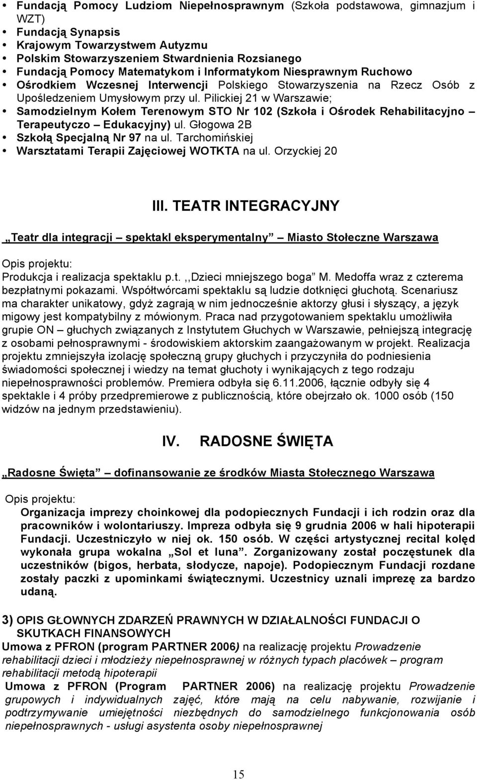 Pilickiej 21 w Warszawie; Samodzielnym Kołem Terenowym STO Nr 102 (Szkoła i Ośrodek Rehabilitacyjno Terapeutyczo Edukacyjny) ul. Głogowa 2B Szkołą Specjalną Nr 97 na ul.