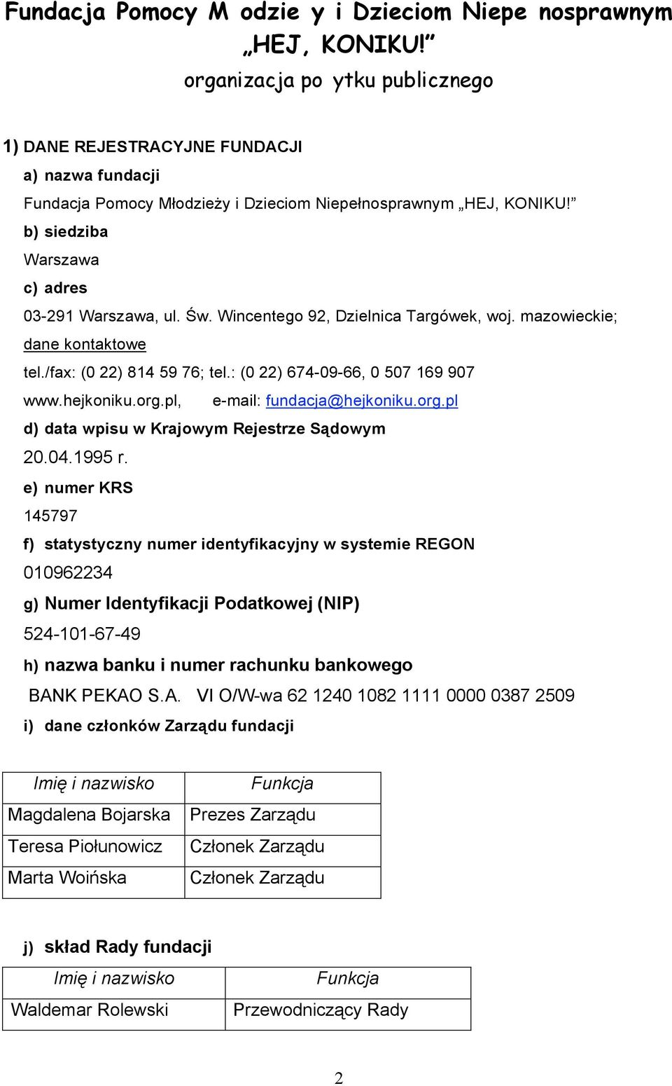 Św. Wincentego 92, Dzielnica Targówek, woj. mazowieckie; dane kontaktowe tel./fax: (0 22) 814 59 76; tel.: (0 22) 674-09-66, 0 507 169 907 www.hejkoniku.org.