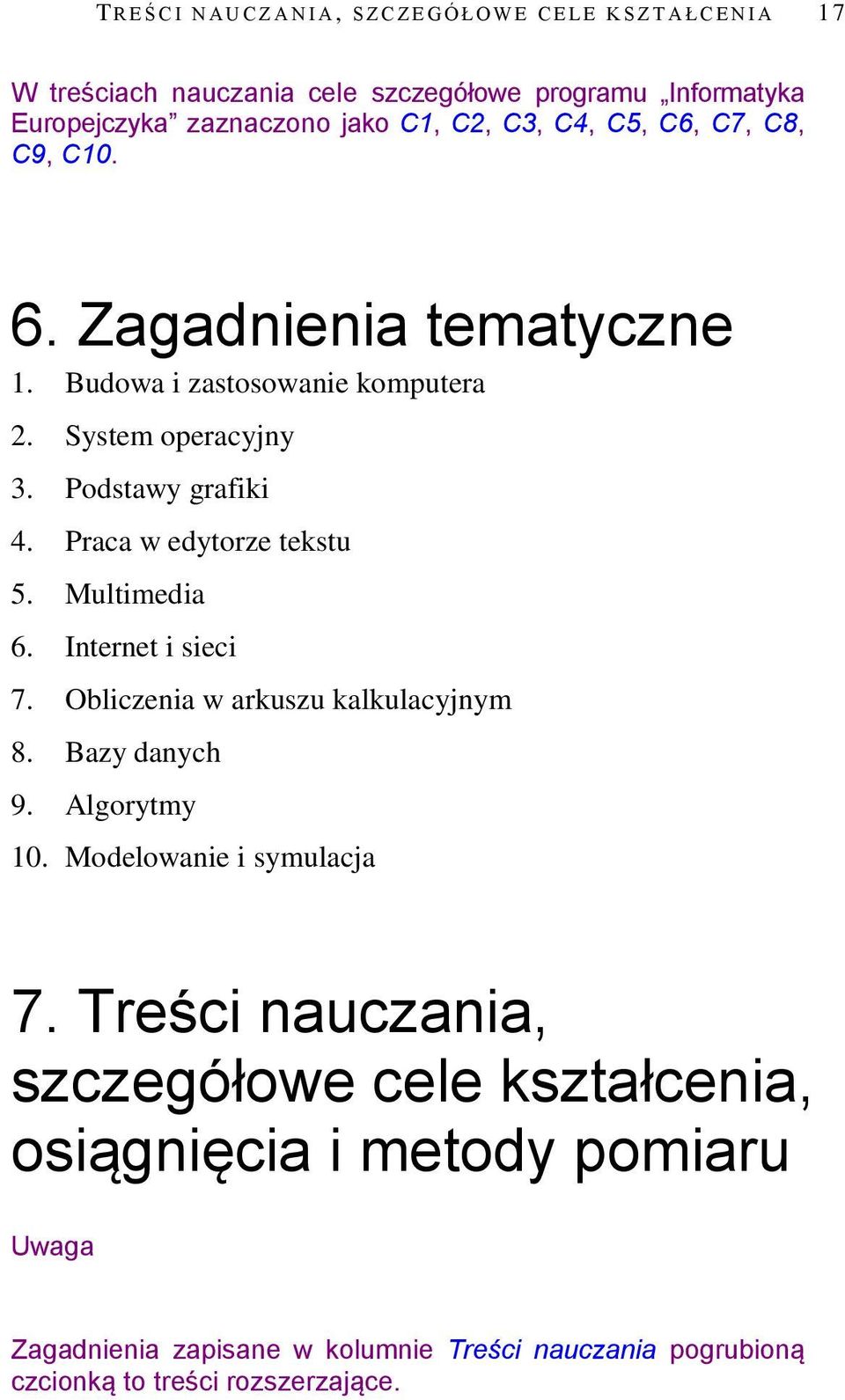 Podstawy grafiki 4. Praca w edytorze tekstu 5. Multimedia 6. Internet i sieci 7. Obliczenia w arkuszu kalkulacyjnym 8. Bazy danych 9. Algorytmy 10. Modelowanie i symulacja 7.