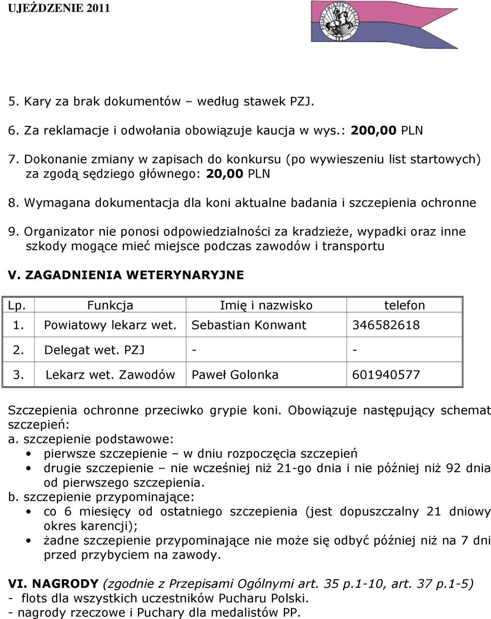 Organizator nie ponosi odpowiedzialności za kradzieże, wypadki oraz inne szkody mogące mieć miejsce podczas zawodów i transportu V. ZAGADNIENIA WETERYNARYJNE Lp. Funkcja Imię i nazwisko telefon 1.