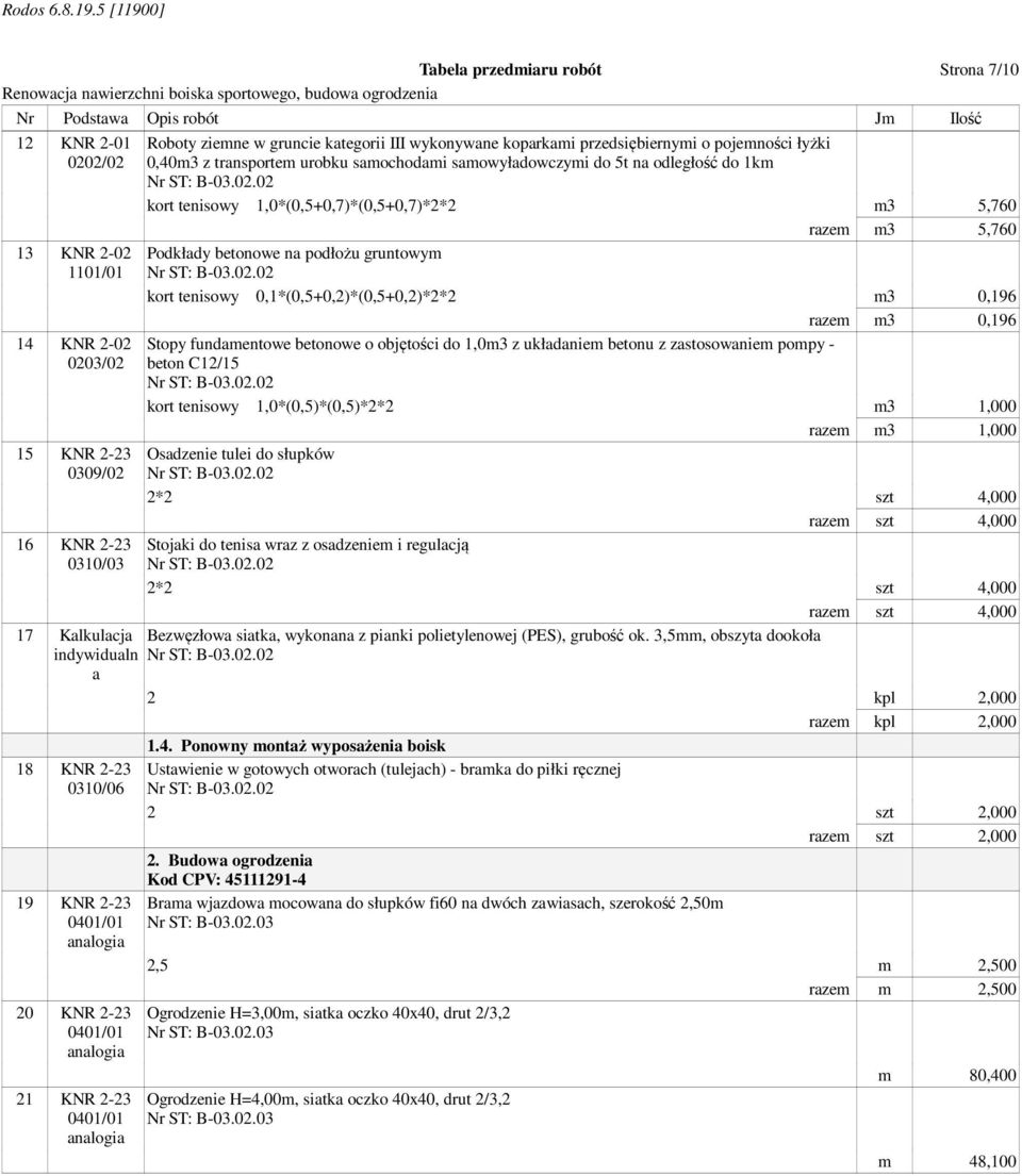 5,760 razem m3 5,760 Podkłady betonowe na podłożu gruntowym kort tenisowy 0,1*(0,5+0,2)*(0,5+0,2)*2*2 m3 0,196 razem m3 0,196 Stopy fundamentowe betonowe o objętości do 1,0m3 z układaniem betonu z