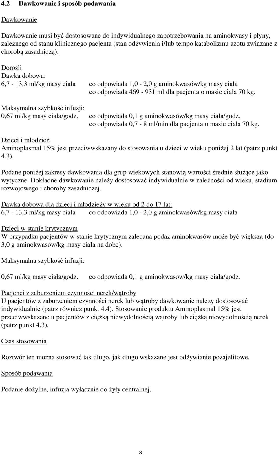 Dorośli Dawka dobowa: 6,7-13,3 ml/kg masy ciała co odpowiada 1,0-2,0 g aminokwasów/kg masy ciała co odpowiada 469-931 ml dla pacjenta o masie ciała 70 kg.