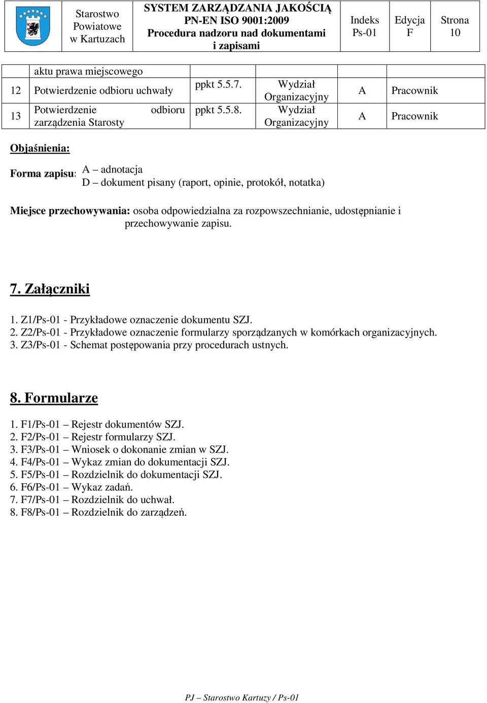 odpowiedzialna za rozpowszechnianie, udostępnianie i przechowywanie zapisu. 7. Załączniki 1. Z1/Ps-01 - Przykładowe oznaczenie dokumentu SZJ. 2.