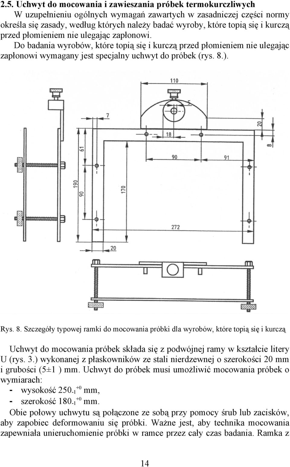 ). Rys. 8. Szczegóły typowej ramki do mocowania próbki dla wyrobów, które topią się i kurczą Uchwyt do mocowania próbek składa się z podwójnej ramy w kształcie litery U (rys. 3.