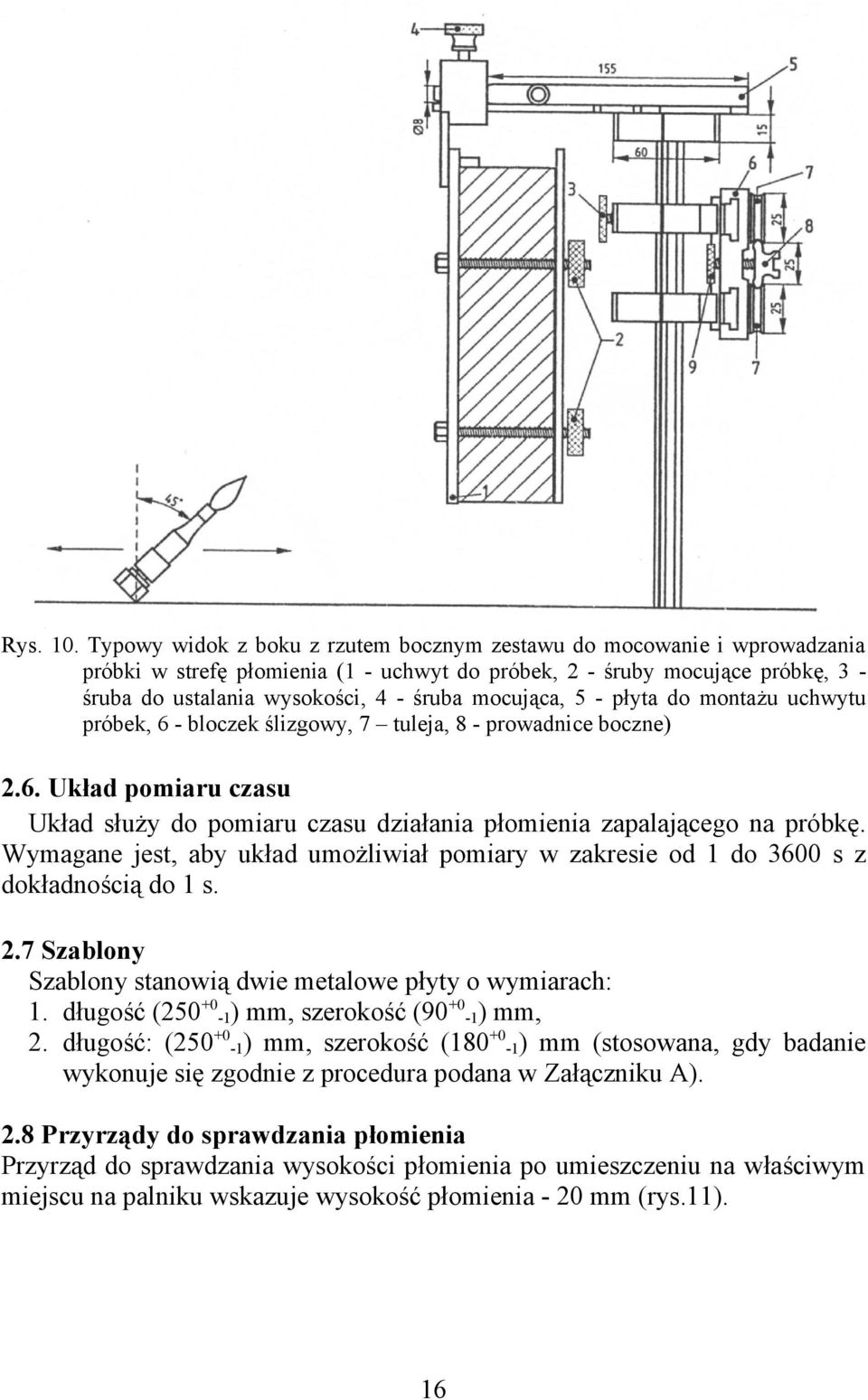 mocująca, 5 - płyta do montażu uchwytu próbek, 6 - bloczek ślizgowy, 7 tuleja, 8 - prowadnice boczne) 2.6. Układ pomiaru czasu Układ służy do pomiaru czasu działania płomienia zapalającego na próbkę.