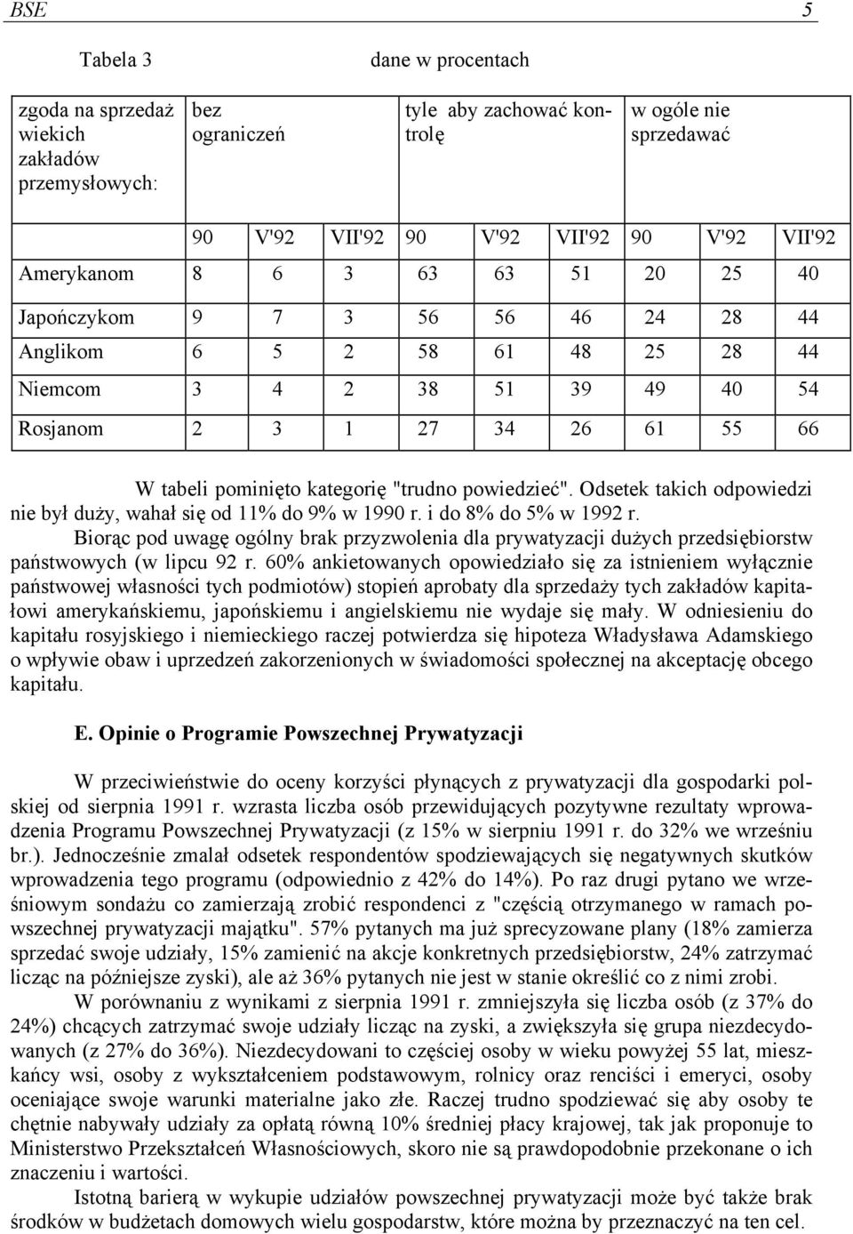 "trudno powiedzieć". Odsetek takich odpowiedzi nie był duży, wahał się od 11% do 9% w 1990 r. i do 8% do 5% w 1992 r.