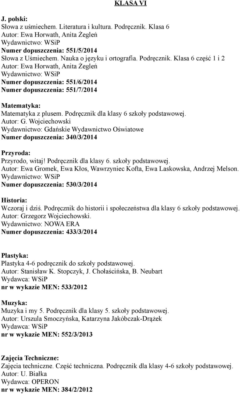 Klasa 6 część 1 i 2 Autor: Ewa Horwath, Anita Żegleń Wydawnictwo: WSiP Numer dopuszczenia: 551/6/2014 Numer dopuszczenia: 551/7/2014 Matematyka: Matematyka z plusem.