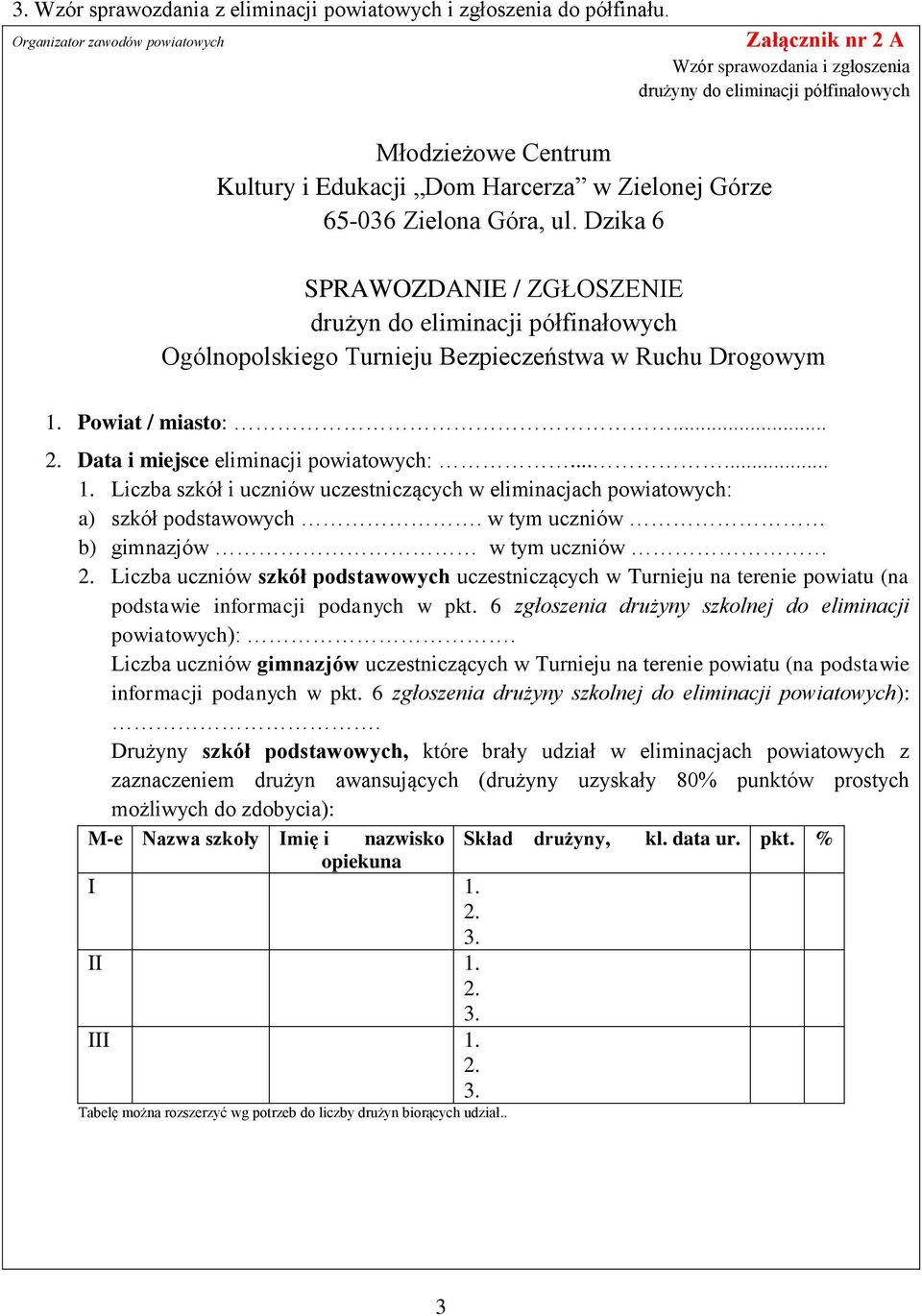 Góra, ul. Dzika 6 SPRAWOZDANIE / ZGŁOSZENIE drużyn do eliminacji półfinałowych Ogólnopolskiego Turnieju Bezpieczeństwa w Ruchu Drogowym 1. Powiat / miasto:... Data i miejsce eliminacji powiatowych:.