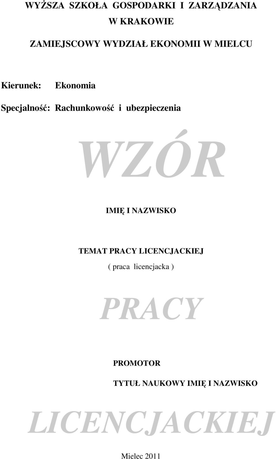 ubezpieczenia WZÓR IMIĘ I NAZWISKO TEMAT PRACY LICENCJACKIEJ ( praca