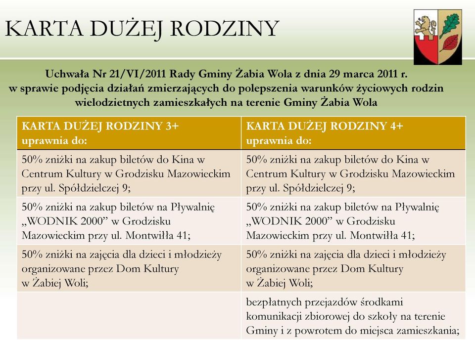 biletów do Kina w Centrum Kultury w Grodzisku Mazowieckim przy ul. Spółdzielczej 9; 50% zniżki na zakup biletów na Pływalnię WODNIK 2000 w Grodzisku Mazowieckim przy ul.