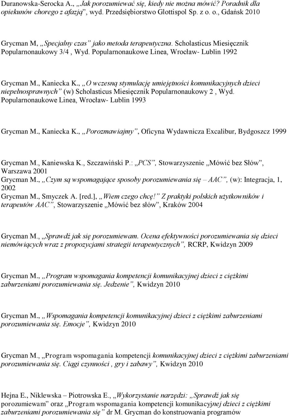 , O wczesną stymulację umiejętności komunikacyjnych dzieci niepełnosprawnych (w) Scholasticus Miesięcznik Popularnonaukowy 2, Wyd. Popularnonaukowe Linea, Wrocław- Lublin 1993 1. Grycman M.