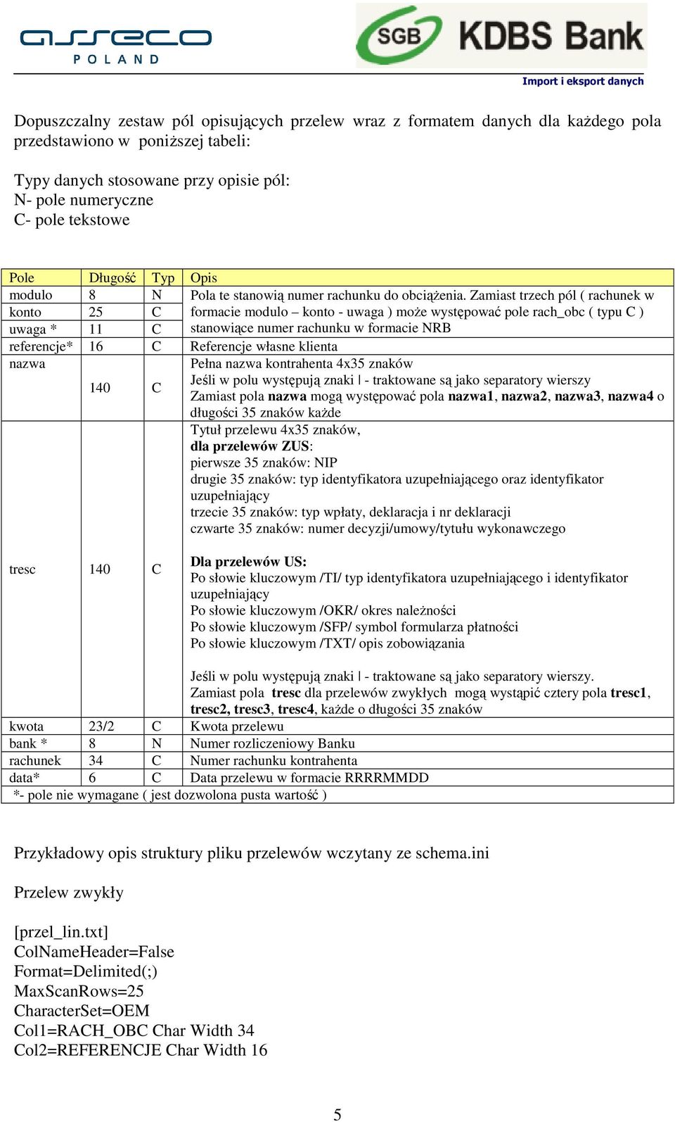 Zamiast trzech pól ( rachunek w konto 25 C formacie modulo konto - uwaga ) moŝe występować pole rach_obc ( typu C ) uwaga * 11 C stanowiące numer rachunku w formacie NRB referencje* 16 C Referencje