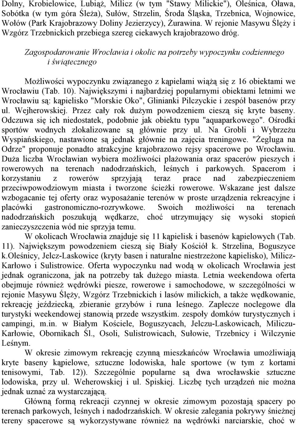 Zagospodarowanie Wrocławia i okolic na potrzeby wypoczynku codziennego i świątecznego Możliwości wypoczynku związanego z kąpielami wiążą się z 16 obiektami we Wrocławiu (Tab. 10).