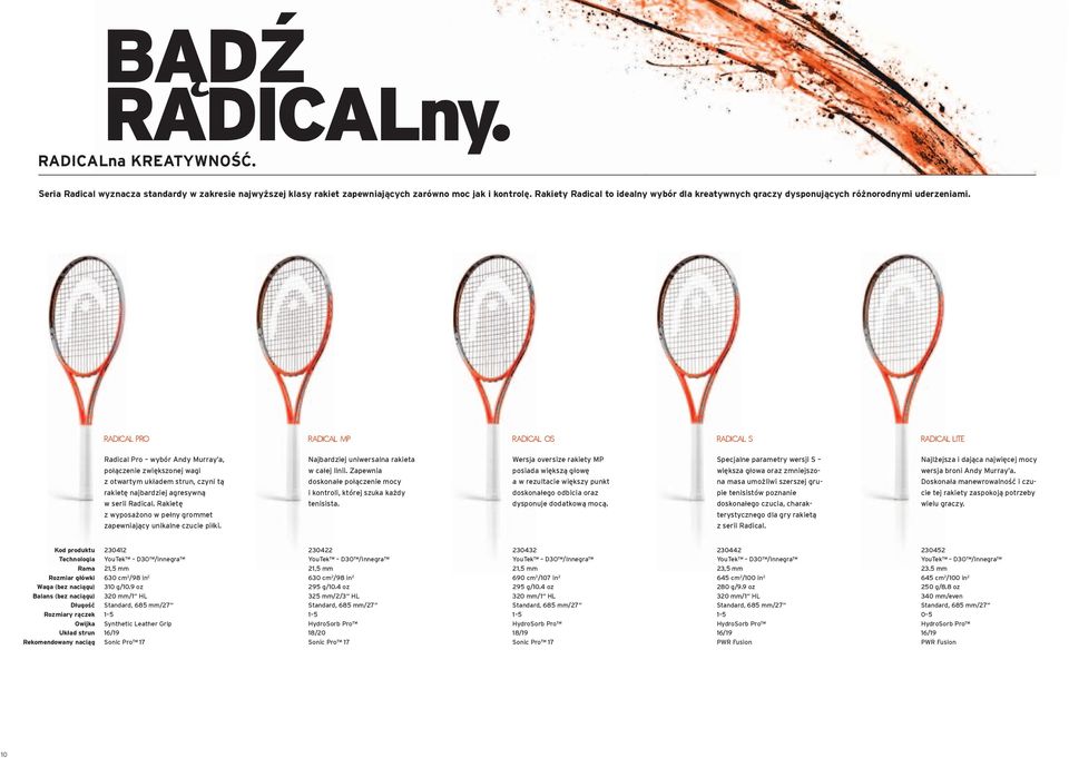 RADICAL PRO RADICAL MP RADICAL OS RADICAL S RADICAL LITE Radical Pro wybór Andy Murray a, połączenie zwiększonej wagi z otwartym układem strun, czyni tą rakietę najbardziej agresywną w serii Radical.