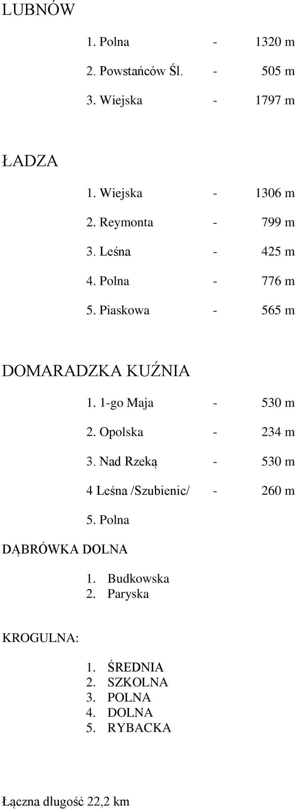 1-go Maja - 530 m 2. Opolska - 234 m 3. Nad Rzeką - 530 m 4 Leśna /Szubienic/ - 260 m 5.