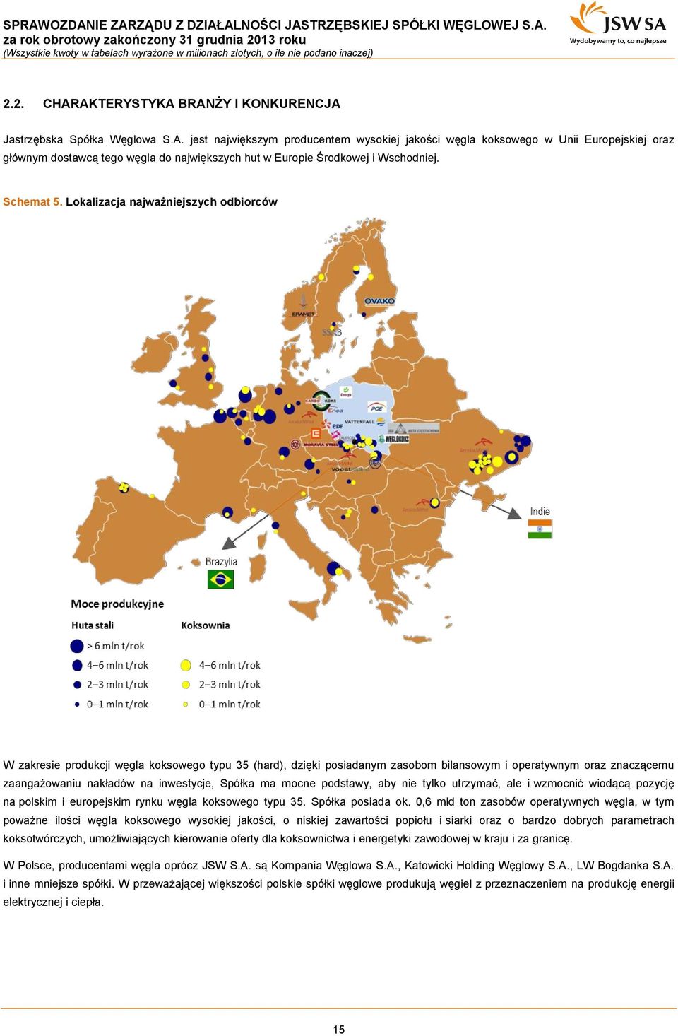 Lokalizacja najważniejszych odbiorców W zakresie produkcji węgla koksowego typu 35 (hard), dzięki posiadanym zasobom bilansowym i operatywnym oraz znaczącemu zaangażowaniu nakładów na inwestycje,