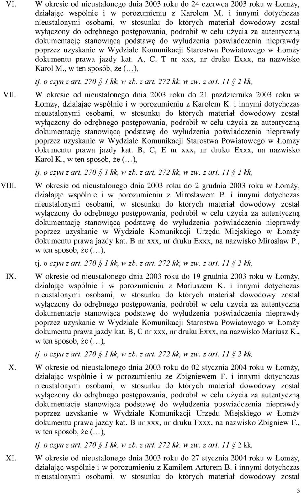 , w ten sposób, że ( ), W okresie od nieustalonego dnia 2003 roku do 21 października 2003 roku w Łomży, działając wspólnie i w porozumieniu z Karolem K. i innymi dotychczas dokumentu prawa jazdy kat.