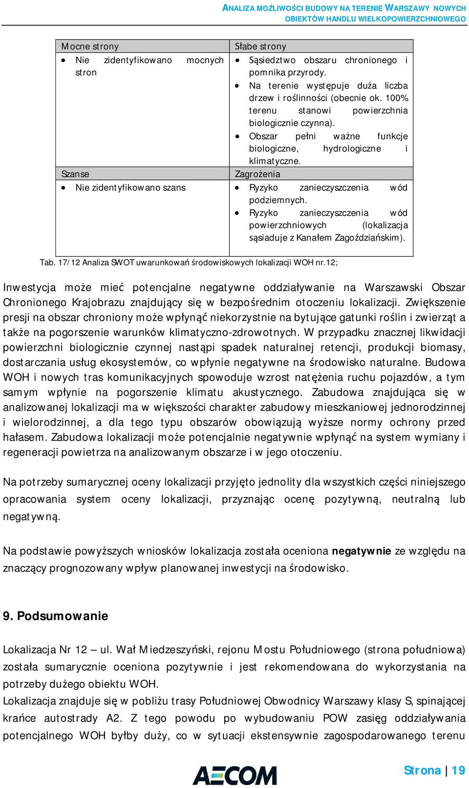 Szanse Zagro enia Nie zidentyfikowano szans Ryzyko zanieczyszczenia wód podziemnych. Ryzyko zanieczyszczenia wód powierzchniowych (lokalizacja siaduje z Kana em Zago dzia skim). Tab.