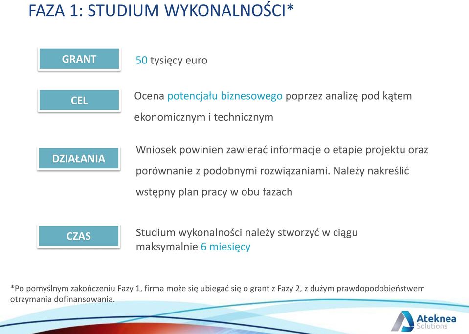 Należy nakreślić wstępny plan pracy w obu fazach CZAS Studium wykonalności należy stworzyć w ciągu maksymalnie 6 miesięcy *Po