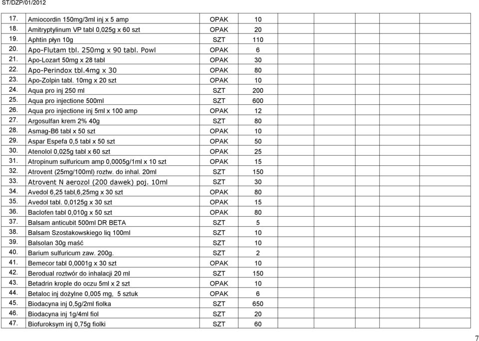 Aqua pro injectione inj 5ml x 100 amp OPAK 12 27. Argosulfan krem 2% 40g SZT 80 28. Asmag-B6 tabl x 50 szt OPAK 10 29. Aspar Espefa 0,5 tabl x 50 szt OPAK 50 30.